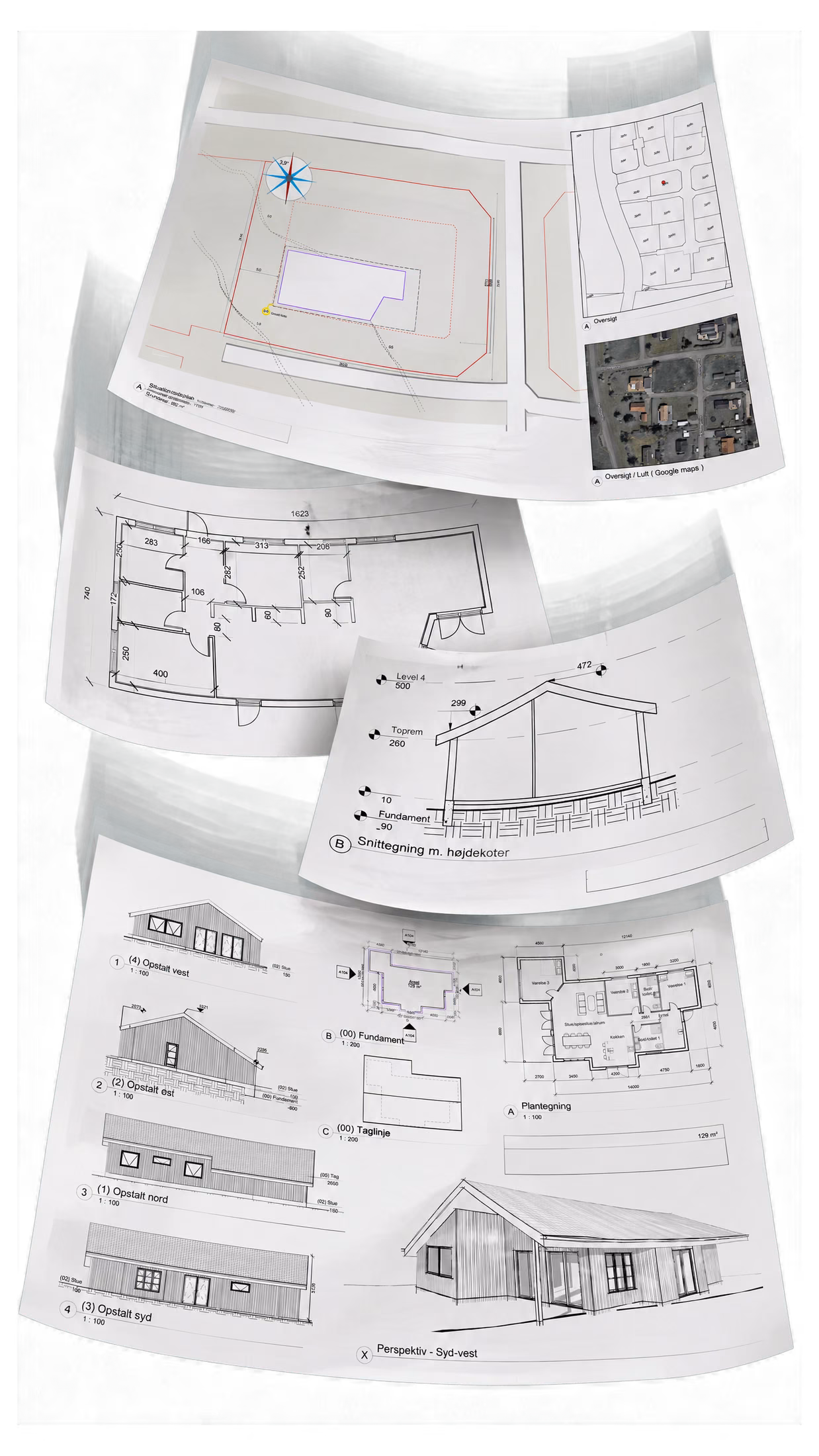 Tegningsmateriale til sommerhuset i Hyllinge Riis: situationsplan, plantegning, snit og facader