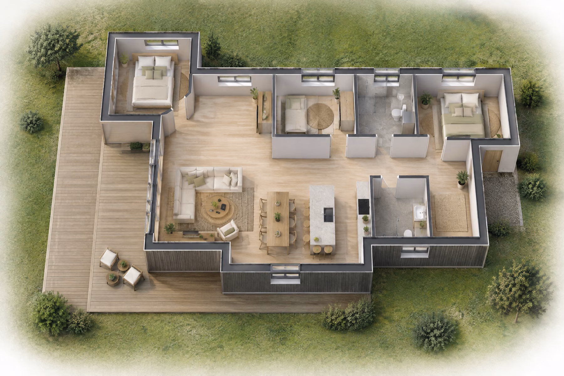 3D-plantegning uden tag af sommerhuset i Hyllinge Riis med stue, køkken, værelser og terrasse (variant A)