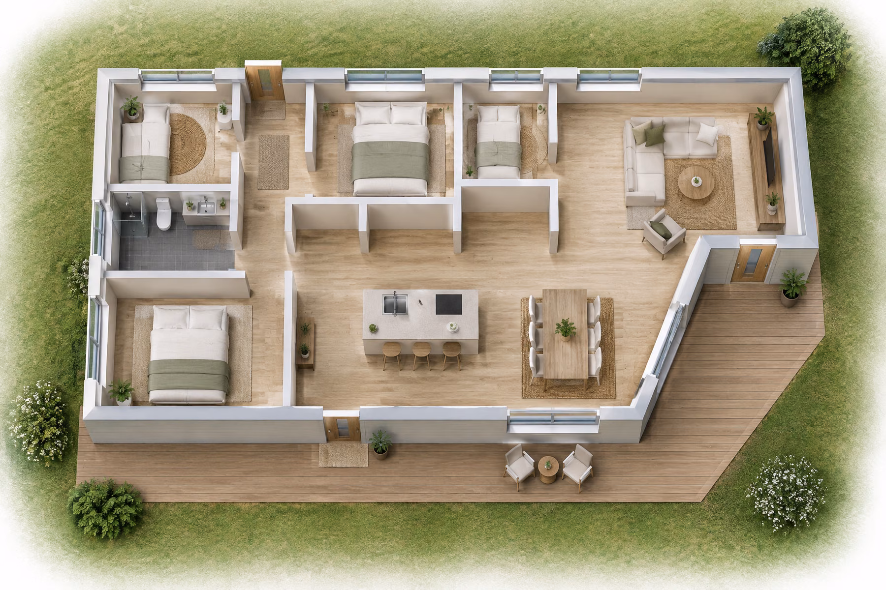 3D-plantegning uden tag af sommerhuset i Hyllinge Riis med knækket facade, værelser og terrasse (variant B)